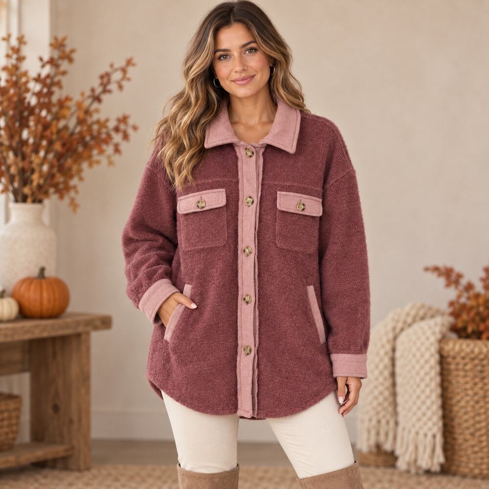 Andthewhy Oversized Two-Tone Mauve Fleece Shacket Women’s Size Medium Fall
